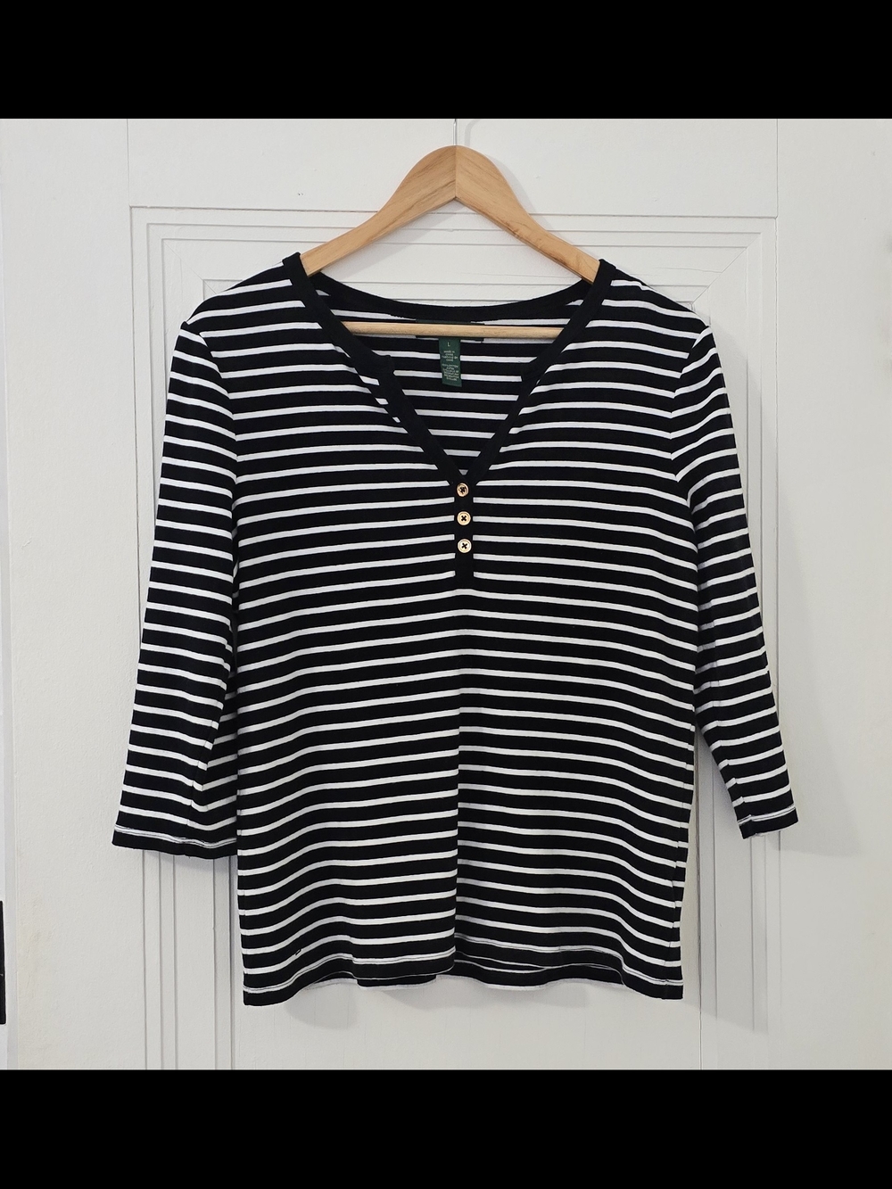 Ralph Lauren Black & White Striped Henley Top, 3/4 Sleeves, Euc - Picture 1 of 4